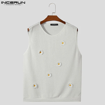 Fashion Well Fitting Tops INCERUN Men Mesh Spliced Flower Design Vests Summer Casual Male O-neck Sleeveless Tank Tops S-5XL 2024