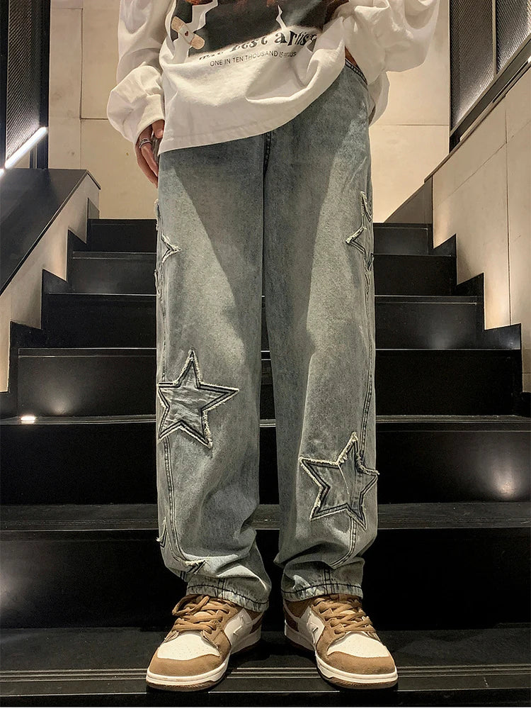 HOUZHOU Stars Embroidery Y2K Baggy Jeans Men Denim Pants Male Clothes Straight Hip Hop Cotton Trousers Pantalon Homme Mens Jeans