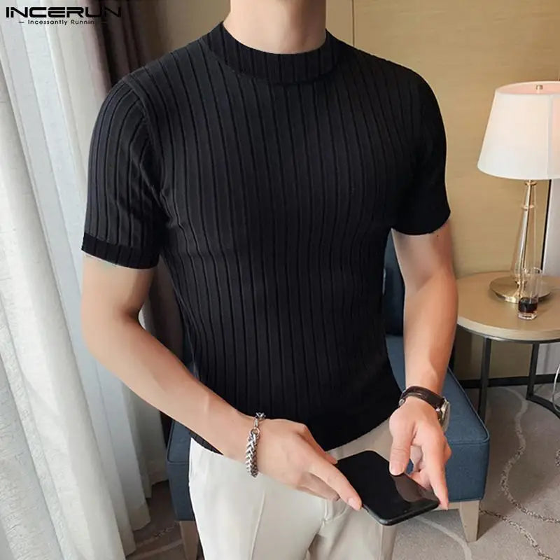 INCERUN Tops 2024 Korean Style New Men's Solid Pit Stripe Knitte T-shirts Fashion Male Solid Elastic Short Sleeve Camiseta S-5XL