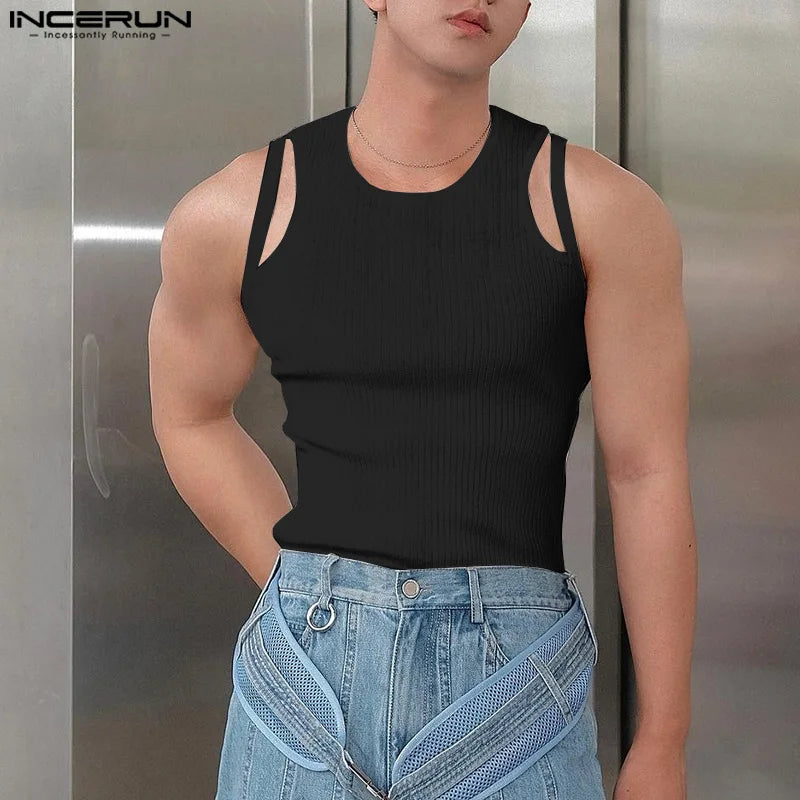 2023 Men Tank Tops Solid Color O-neck Sleeveless Fitness Hollow Out Vests Streetwear Fashion Casual Men Clothing S-5XL INCERUN