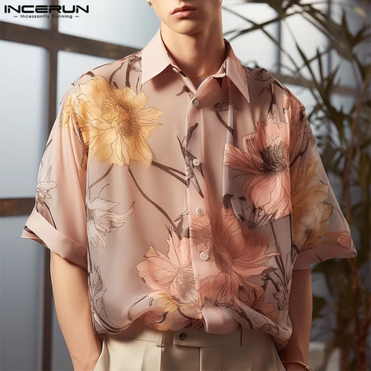 INCERUN Tops 2024 American Style Mens Fashion Perspective Floral Print Shirts Casual Personality Thin Short Sleeved Blouse S-5XL