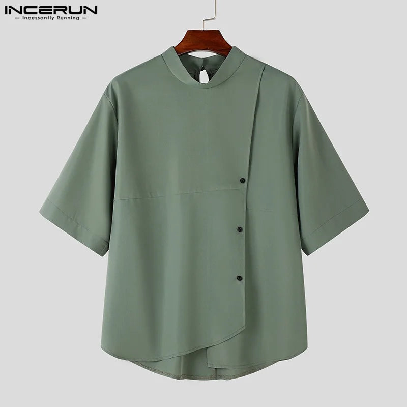 Summer Handsome Men's Tops INCERUN Fashion Slanted Placket Design Shirts Male Casual Loose Solid Half Sleeved Blouse S-5XL 2024