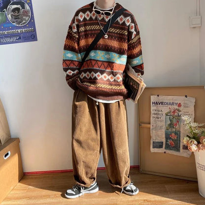 HOUZHOU Men's Knitted Vintage Graphic Sweater with Pattern Brown Blue Pullovers Sweaters and Jumpers Korean Streetwear Harajuku