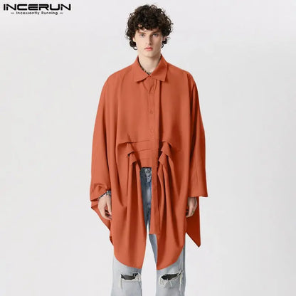 Handsome Well Fitting Tops INCERUN Men's Solid Silhouette Bat Sleeve Pleated Shirts Male Solid Loose Long Sleeved Blouse S-5XL