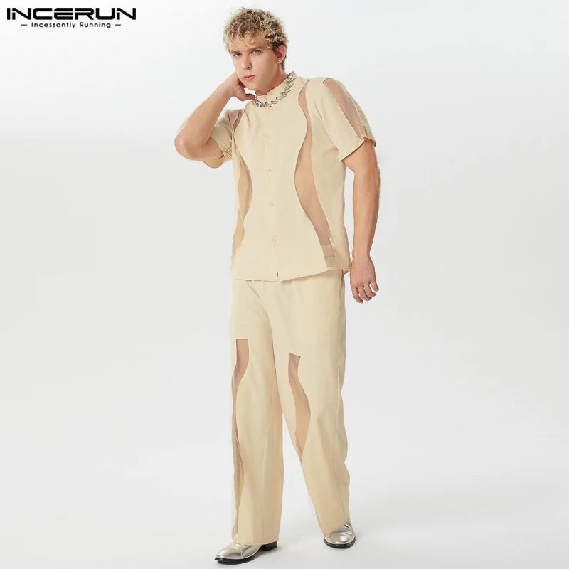 INCERUN 2024 Amerikanischen Stil Casual Sets Männer Kurzarm Hemden Hosen Mode Männlichen Unregelmäßigen Spleißen Mesh Zwei-stück Sets S-5XL