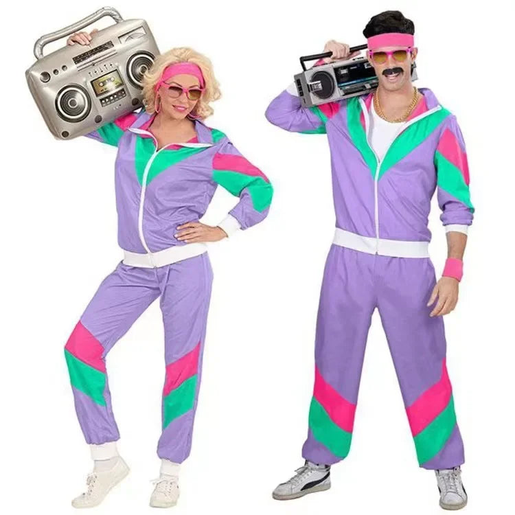 Men Women Vintage 80s Hip Hop Disco Cosplay Hippie Costume Halloween Purim Carnival Party Couple Tracksuit Outfit