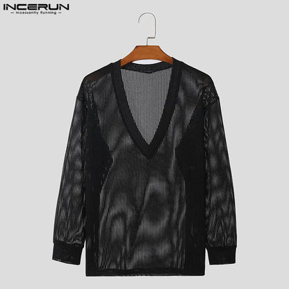 INCERUN Tops 2024 American Style Men's Fashion V-neck Texture T-shirts Casual Streetwear Male Solid Long Sleeved Camiseta S-5XL