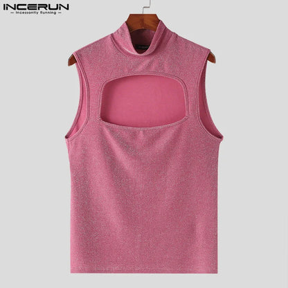 Sexy Stylish Style Tops INCERUN New Men's Glitter Fabric Hollow Vests Leisure Clubwear Half High Neck Sleeveless Tank Tops S-5XL