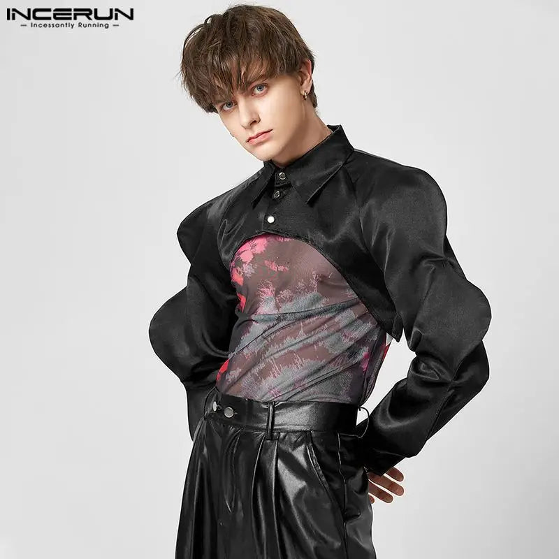 Men Irregular Shirt Lapel Long Sleeve Solid Color Button Fashion Sexy Male Crop Tops Loose Streetwear 2023 Camisas 5XL INCERUN 7