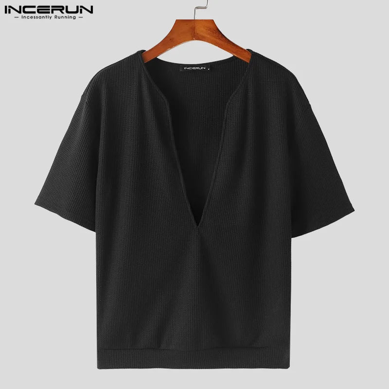 INCERUN Tops 2024 Korean Style Fashion New Men V-neck Texture T-shirts Casual Streetwear Male Solid Short Sleeved Camiseta S-5XL