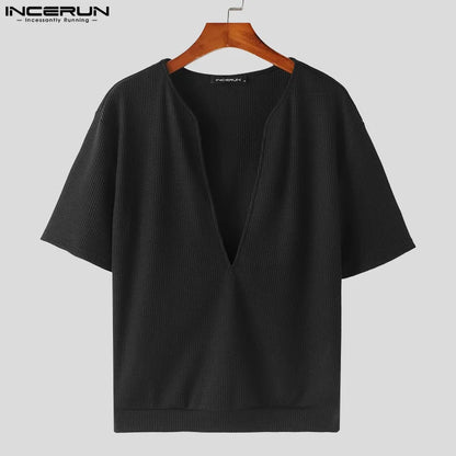 INCERUN Tops 2024 Korean Style Fashion New Men V-neck Texture T-shirts Casual Streetwear Male Solid Short Sleeved Camiseta S-5XL