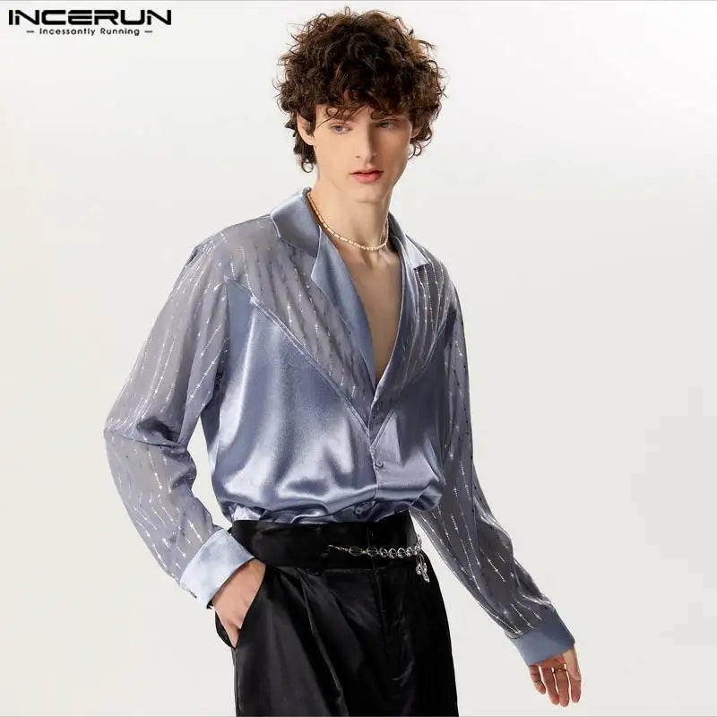 INCERUN Tops 2024 Style Américain Mode Hommes Paillettes Paillettes Col V Patchwork Chemises Décontractées Fête Spectacles Chemisier À Manches Longues S-5XL