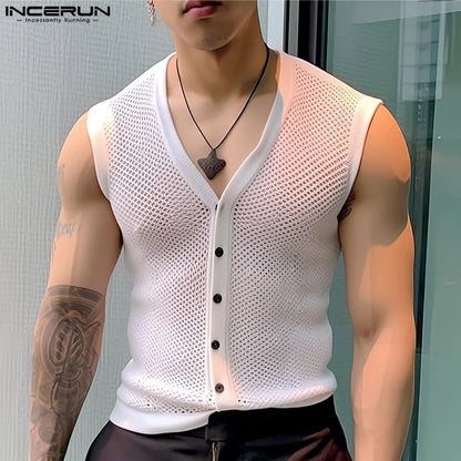 INCERUN 2024 Männer Tank Tops Mesh Aushöhlen Solide V Neck Sleeveless Sommer Männlichen Westen Transparent Streetwear Fashion Männer Kleidung