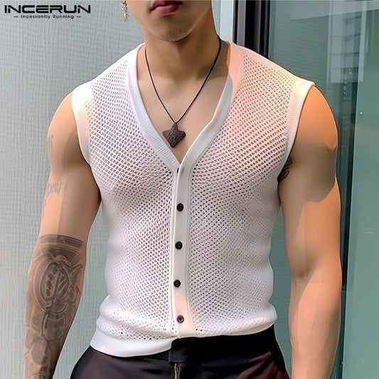 INCERUN 2024 Männer Tank Tops Mesh Aushöhlen Solide V Neck Sleeveless Sommer Männlichen Westen Transparent Streetwear Fashion Männer Kleidung