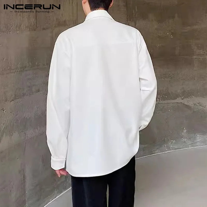 Handsome Well Fitting Tops New Men Pointed Neck Buckle Design Shirts INCERUN 2024 Fashion Casual Solid Long Sleeved Blouse S-5XL