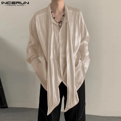 Casual Simple Tops INCERUN Men Ribbon Pleated Glitter Design Shirts Handsome Male Solid All-match Long Sleeved Blouse S-5XL 2024