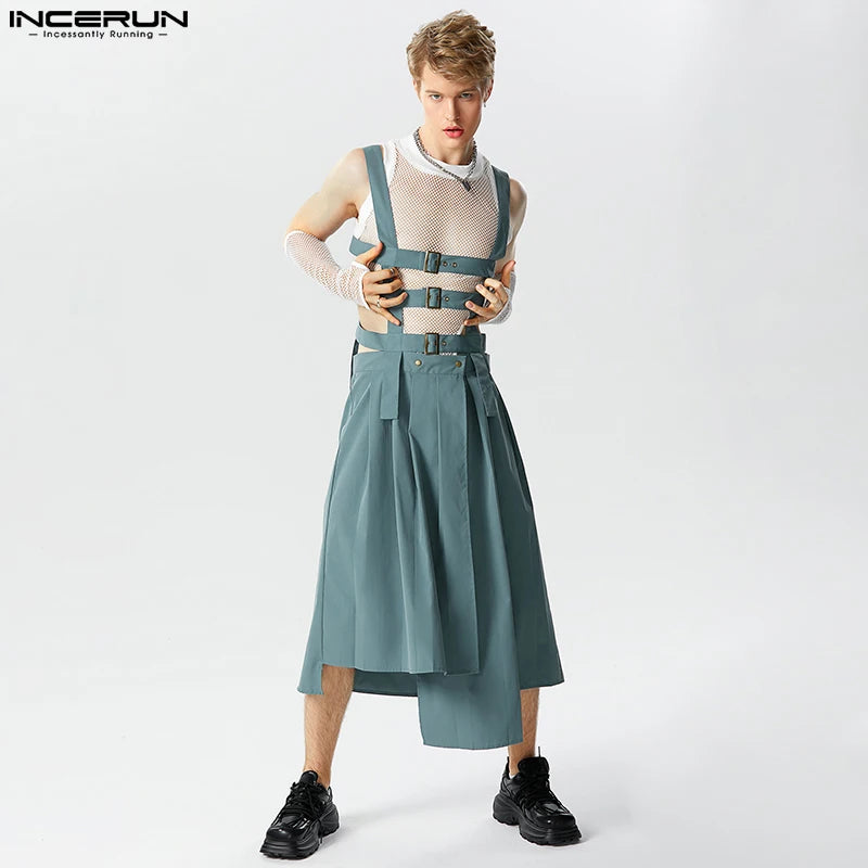 2023 Men Irregular Skirts Jumpsuits Solid Hollow Out Straps Rompers Men Pants Streetwear Personality Male Skirts S-5XL INCERUN