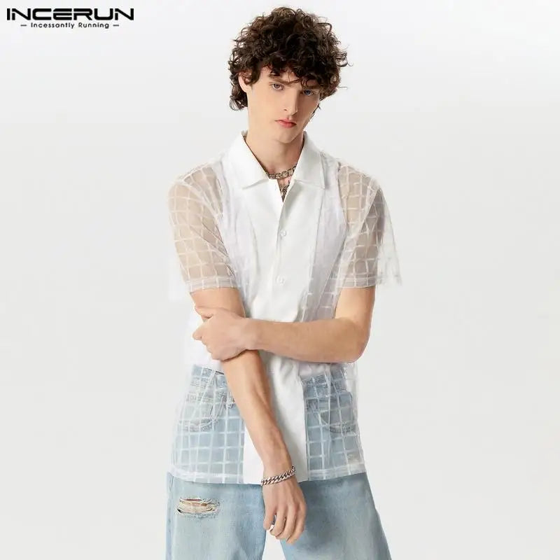 INCERUN Tops 2024 American Style Sexy New Mens Checkered Mesh Perspective Shirts Casual Hot Sale Thin Short Sleeved Blouse S-5XL