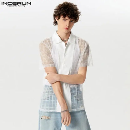 INCERUN Tops 2024 American Style Sexy New Mens Checkered Mesh Perspective Shirts Casual Hot Sale Thin Short Sleeved Blouse S-5XL