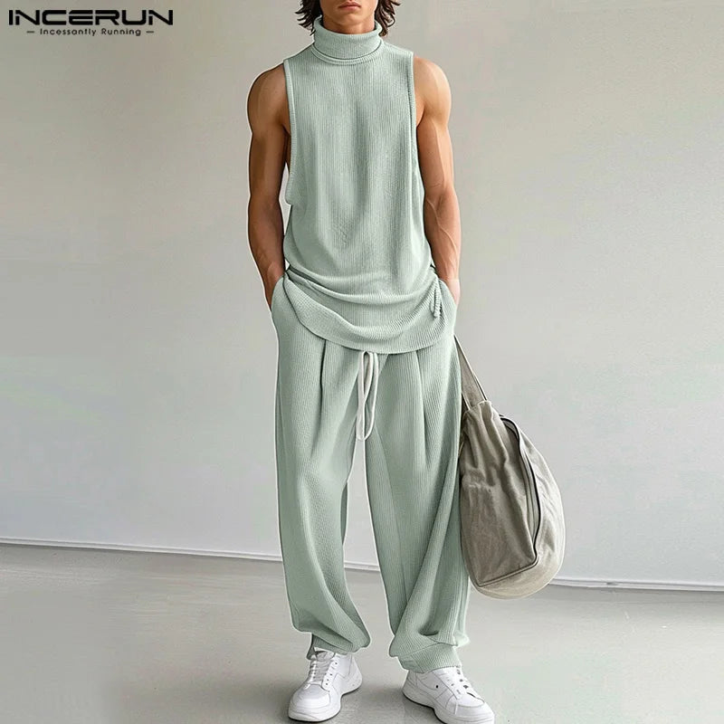 INCERUN 2024 Sets im amerikanischen Stil Neue Herren-Casual Pit Stripe High Neck Westen Hosen Mode Streetwear Solide Zweiteilige Sets S-5XL