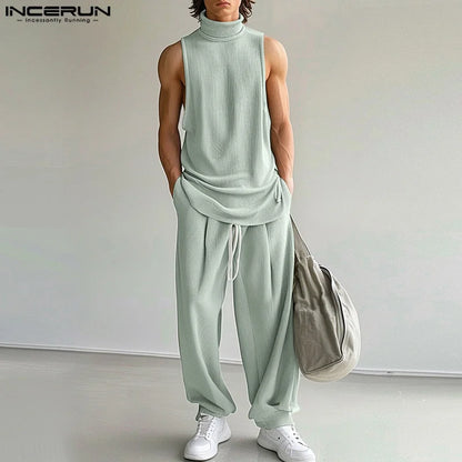 INCERUN 2024 American Style Sets New Men's Casual Pit Stripe High Neck Vests Pants Fashion Streetwear Solid Two Piece Sets S-5XL