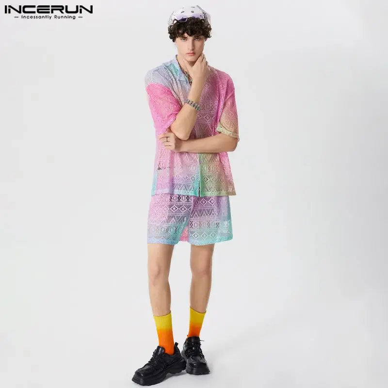 INCERUN 2024 American Style Fashion Sets Mens Long Sleeved Shirts Shorts Summer Male Lace Gradient Printing Two-piece Sets S-5XL