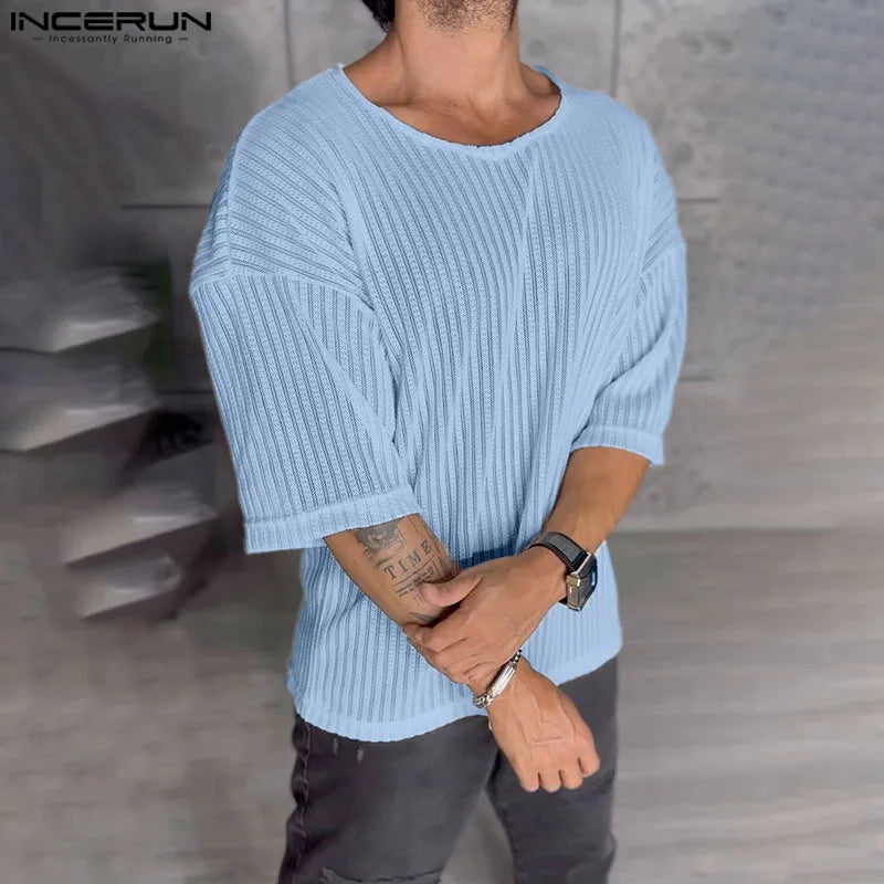 INCERUN Tops 2024 American Style Men's Thin Slightly Transparent Stripe Texture T-shirt Summer Casual Half Sleeve Camiseta S-5XL