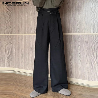 INCERUN 2024 Koreanische Stil Herren Hosen Mode Hohe Taille Crossover-Design Lange Hosen Streetwear Gerade Bein Pantalons S-5XL