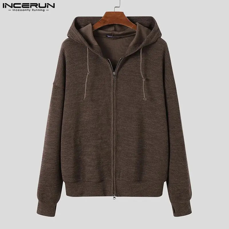 INCERUN Tops 2023 Koreanische Stil Männer Mit Kapuze Pit Gestrickte Pullover Casual Streetwear Männlichen Doppel Kopf Zipper Langarm Hoodie S-5XL