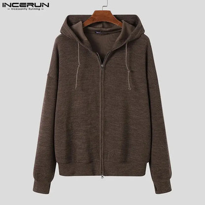 INCERUN Tops 2023 Korean Style Men Hooded Pit Knitted Sweater Casual Streetwear Male Double Head Zipper Long Sleeve Hoodie S-5XL