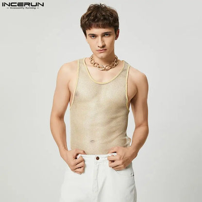 INCERUN Men Tank Tops Mesh Patchwork O-neck Sleeveless Transparent Vests Men Streetwear 2023 Fitness Fashion Sexy Party Tops 5XL