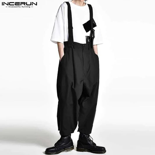 2023 Men Jumpsuits Solid Oversize Korean Sleeveless Streetwear Straps Rompers Fashion Casual Men Wide Leg Overalls S-5XL INCERUN