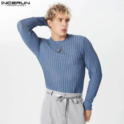 INCERUN Tops 2024 American Style Fashion New Men's Striped Mesh Perspective T-shirt Sexy Male O-neck Long Sleeved Camiseta S-5XL