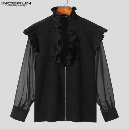 INCERUN Tops 2024 Fashion New Men's Texture Splicing Perspective Mesh Shirt Sexy Male Thin Ruffled Edge Long Sleeve Blouse S-5XL