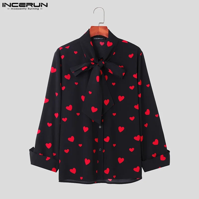 INCERUN Tops 2023 American Style New Men's Personality Love Bow Tie Design Shirts Casual Fashion Love Pattern Print Blouse S-5XL