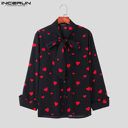 INCERUN Tops 2023 Style américain Nouvelle personnalité pour hommes Amour Noeud papillon Design Chemises Décontracté Mode Amour Motif Imprimé Chemisier S-5XL