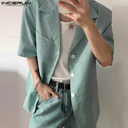 INCERUN Tops 2024 Korean Style New Men's Fashion Plaid Design Suit Coats Casual Streetwear Male Lapel Short Sleeved Blazer S-5XL