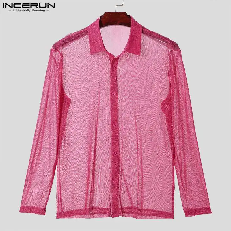 INCERUN Tops 2024 Sexy Casual Men's Slightly Translucent Flash Fabric Shirts Fashion Personality Thin Long Sleeved Blouse S-5XL