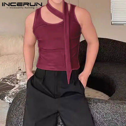 INCERUN Tops 2024 Koreanischen Stil Herren Neck Wrap Stil Band Design Westen Casual Sommer Heißer Verkauf Solide Gestrickte Tank Tops S-5XL