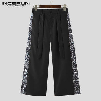 INCERUN 2024 Korean Style Trousers New Men's Printed Patchwork Wide Leg Skirts Pants Casual Personality Hot Sale Pantalons S-5XL