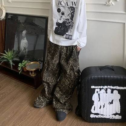 HOUZHOU Tan Leopard Cargo Pants Men Y2K Parachute Oversize Wide Leg Trousers Male Streetwear Hip Hop Harajuku Animal Print