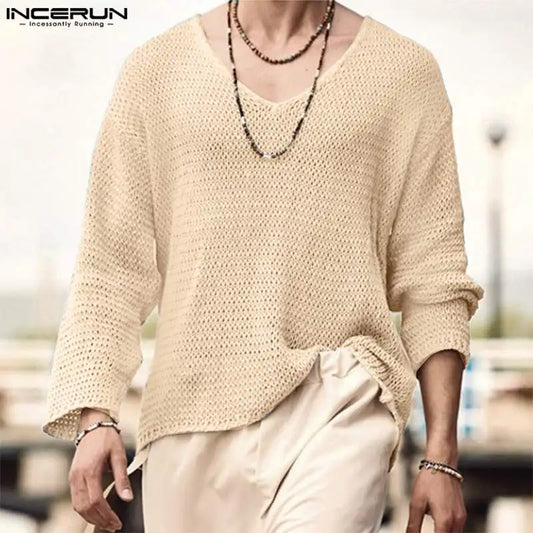 Stylish Hot Sale Tops INCERUN New Men All-match Simple V-neck Camiseta Casual Well Fitting Male Long Sleeve T-shirts S-5XL 2023