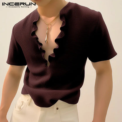 INCERUN Tops 2024 Korean Style Handsome New Men Flounce Design Solid T-shirts Fashion Sexy Cardigan Short Sleeved Camiseta S-5XL