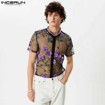 INCERUN Tops 2024 American Style Stylish New Mens Rose Jacquard See-through Shirts Sexy Hot Sale Thin Short Sleeved Blouse S-5XL