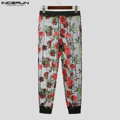 INCERUN 2024 Pantalons de style américain pour hommes Sexy Floral Mesh Perspective Pantalons longs Élégant Streetwear Pantalons fins pour hommes S-5XL