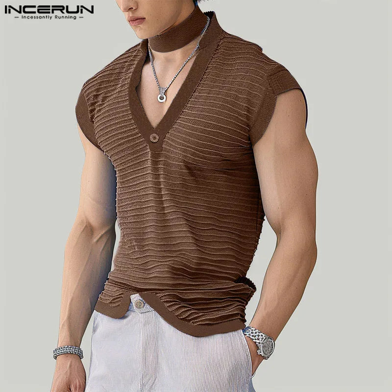 INCERUN Tops 2024 Korean Style New Men's Fashion V-neck Striped Texture Camiseta Casual Clubwear Male Sleeveless T-shirts S-5XL