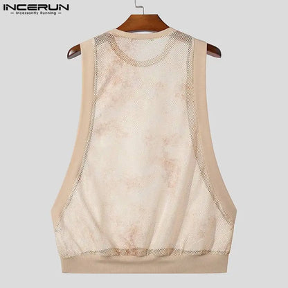 INCERUN Tops 2024 Amerikanischen Stil Stilvolle Männer Oansatz Batik Ärmellose Westen Lässig Gut Sitzende Männliche Heißer Verkauf Tank Tops S-5XL