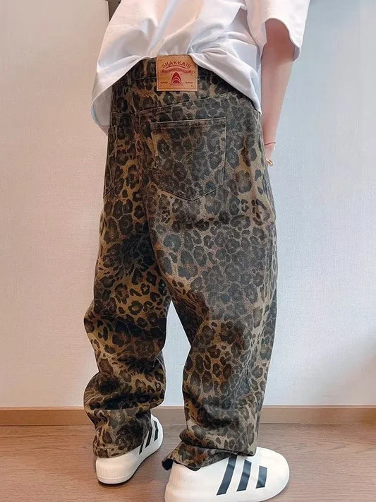 HOUZHOU Hellbraune Jeans für Herren, Leopardenmuster, Übergröße, weite Beinhose, Streetwear, Hip Hop, Vintage, lockerer, lässiger Animal-Print