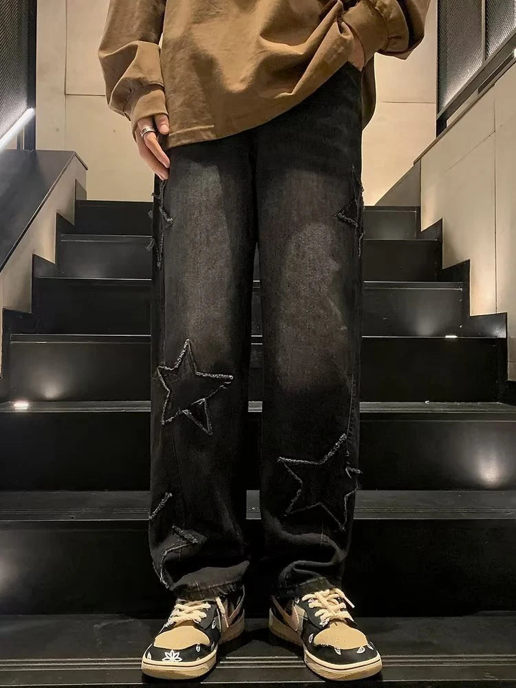 HOUZHOU Y2K Star Embroidery Casual Men Jeans Gothic Neutral Wide Leg Denim Trousers Male Loose Hip-hop Fashion Youth Streetwear