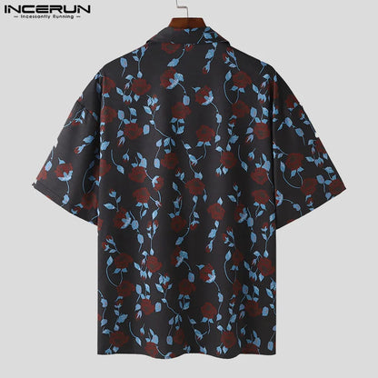 INCERUN Tops 2024 Korean Style Fashion Men Rose Printing Shirts Casual Streetwear Personality Lapel Medium Sleeved Blouse S-5XL